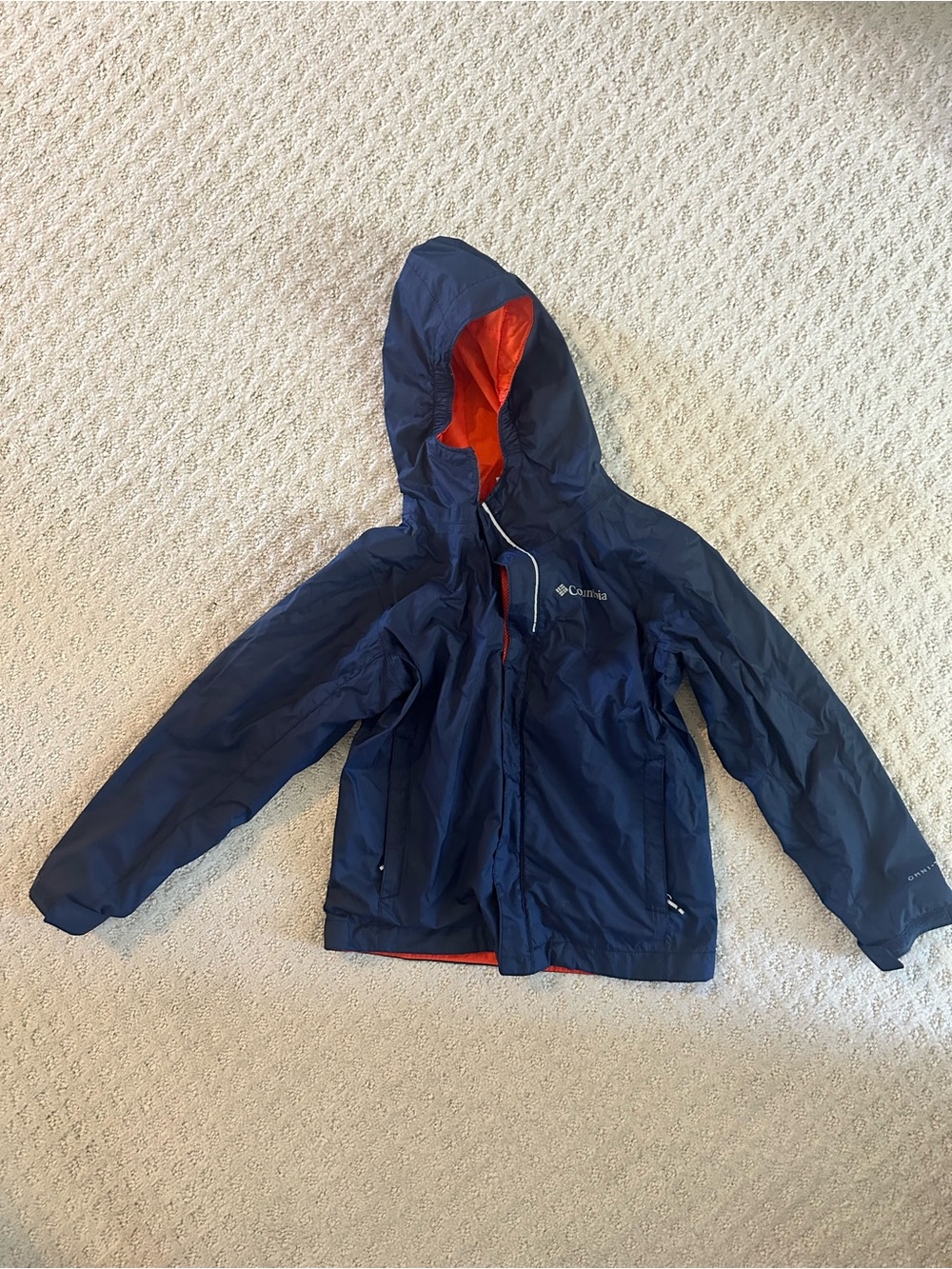 Columbia Omni-Tech Hooded Rain Jacket Navy Orange XS Youth 6/7